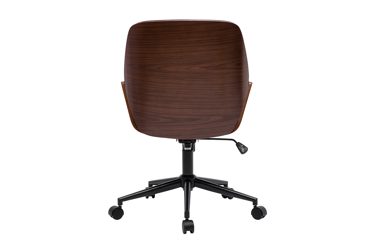 Chaise de bureau en bois fonc� et m�tal noir, vue arri�re.