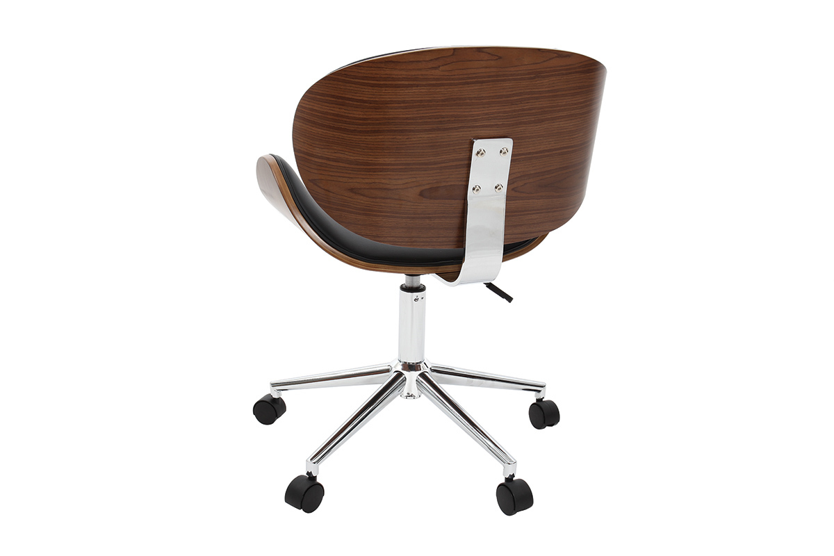Chaise de bureau � roulettes vue arri�re, bois noyer et acier chrom�.