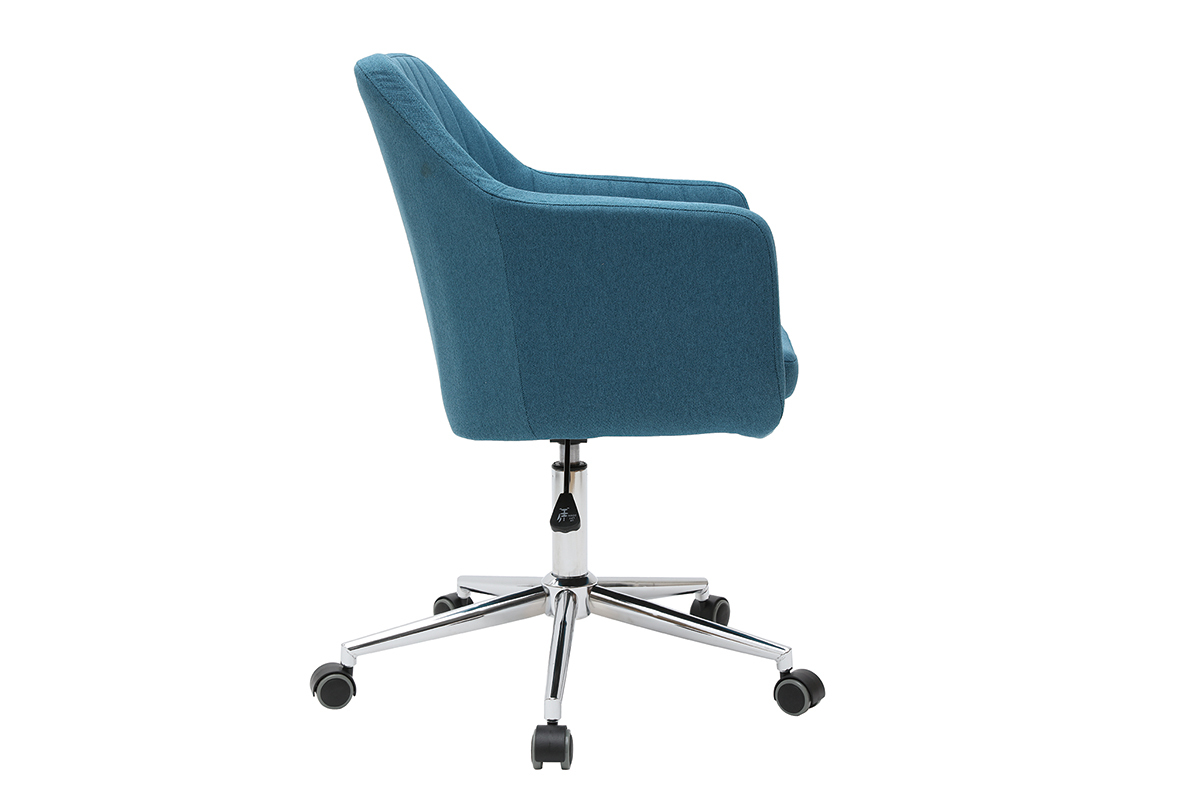 Chaise de bureau � roulettes en tissu bleu canard et acier chrom� ALEYNA