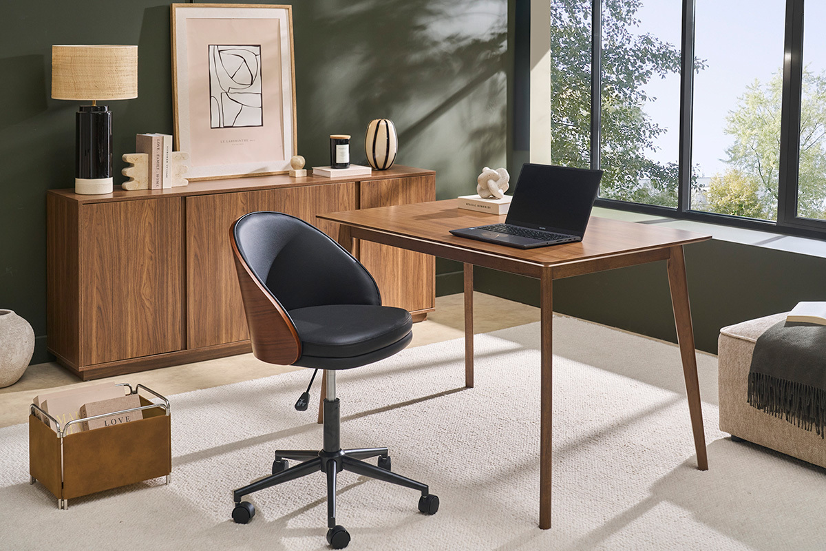 Chaise de bureau � roulettes noire, bois fonc� et m�tal TUCSON