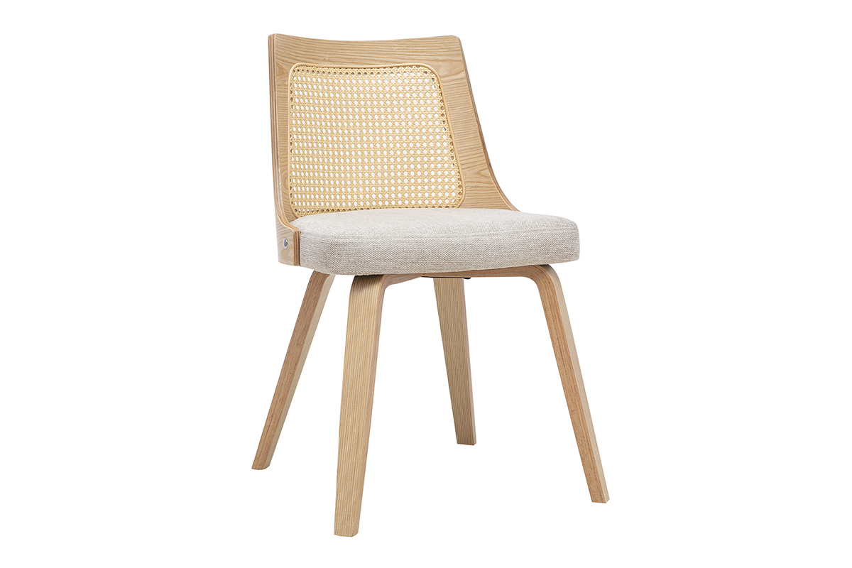 Chaise GARBO en tissu beige effet velours, bois clair et cannage rotin, vue de 3/4