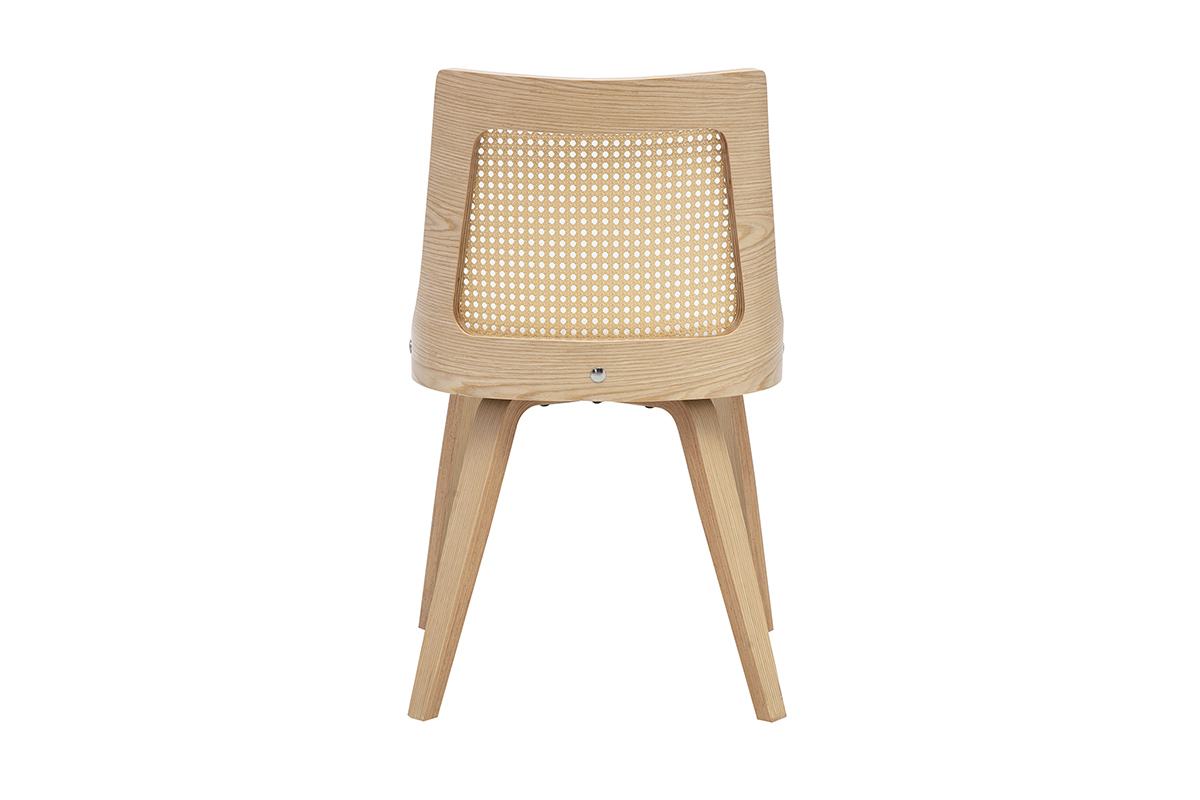 Chaise GARBO vue arri�re, bois clair et cannage rotin, design r�tro et dossier galb�.