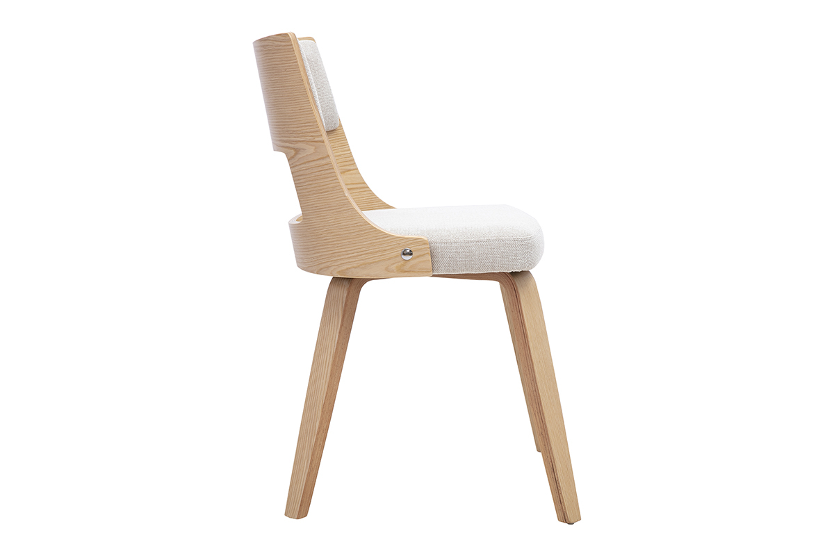 Chaise scandinave en tissu beige et bois clair, vue de profil
