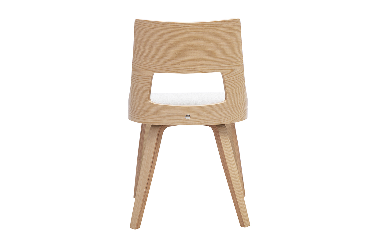 Chaise scandinave beige en velours textur� avec pi�tement bois clair, vue de dos.