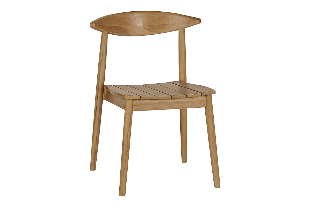 Chaise de jardin empilable en teck massif, vue de 3/4, avec design �pur� et finitions naturelles.