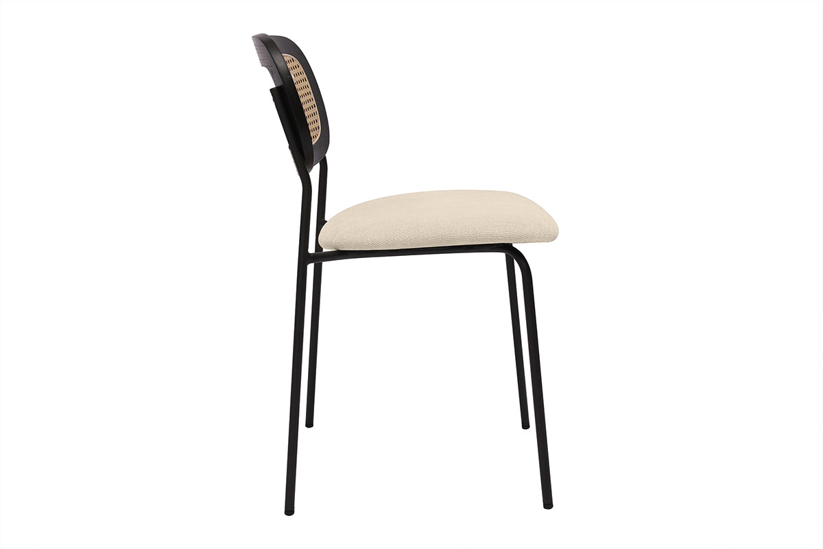 Chaises design en tissu effet velours textur� beige, m�tal noir et cannage rotin (lot de 2) MIRANDA