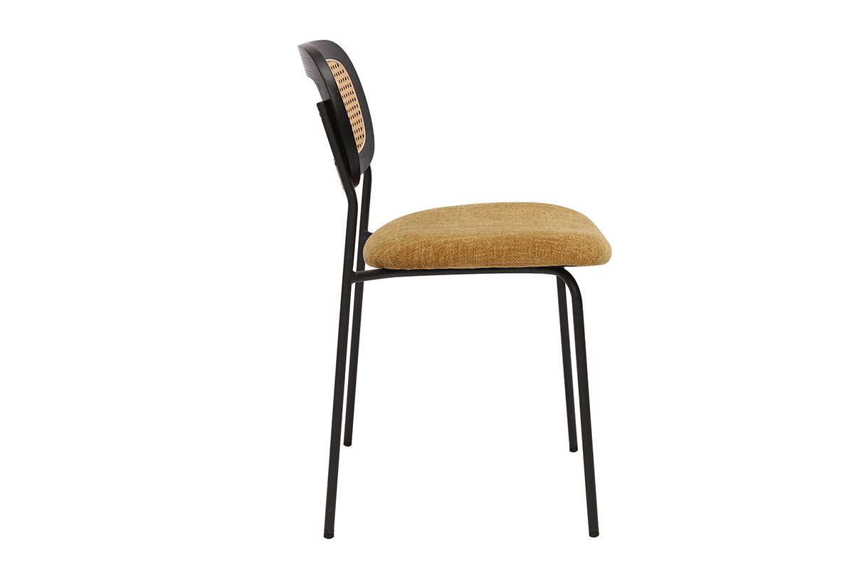 Chaise MIRANDA bronze vue de c�t�, dossier cannage rotin, pieds m�tal noir.