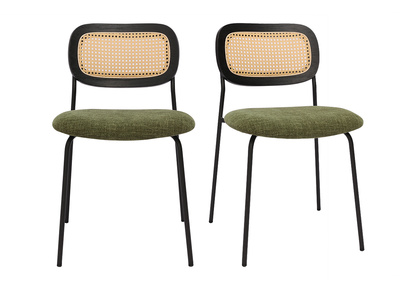 Chaises design en tissu effet velours textur&eacute; vert kaki, m&eacute;tal noir et cannage rotin (lot de 2) MIRANDA