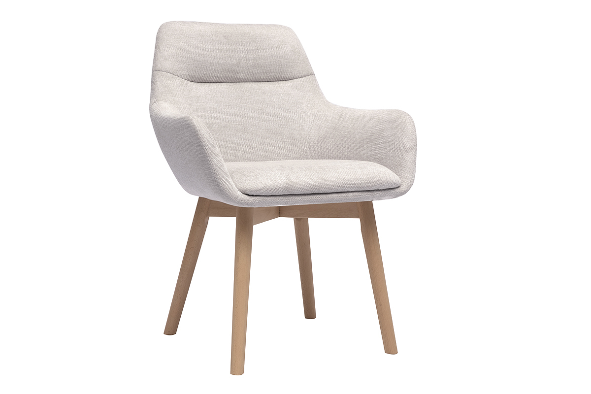 Chaise en tissu beige effet velours avec pieds en bois clair, vue de 3/4.