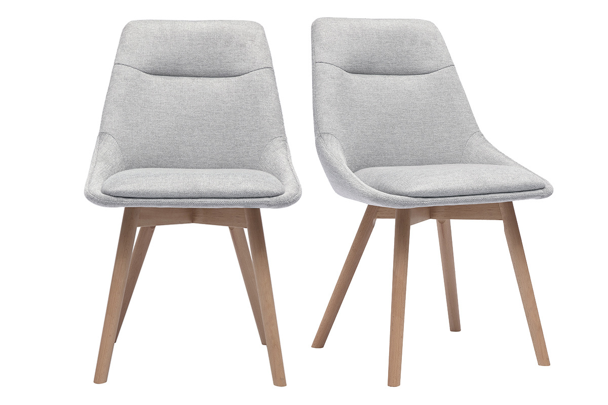 Deux chaises en tissu gris clair et bois, vues de face.