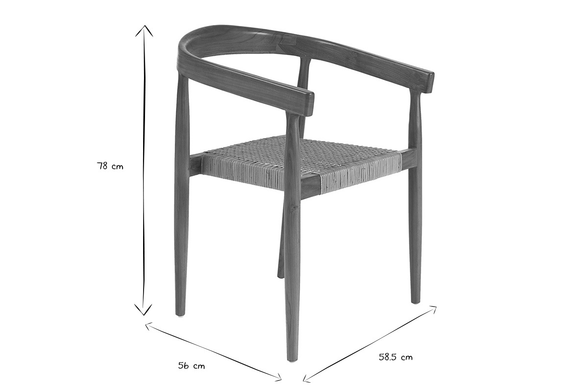 Dimensions de la chaise ethnique en bois teck massif et cannage rotin, 78 cm de hauteur, 56 cm et 58,5 cm de large.