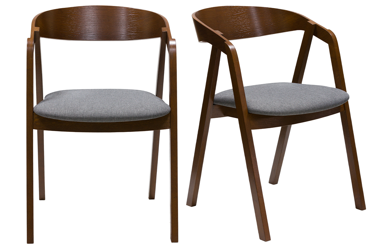 Chaises vintage empilables en bois teint� noyer et tissu gris (lot de 2) LOVA