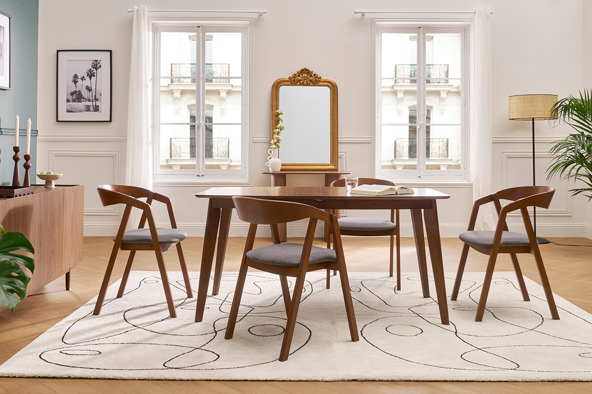 Chaises vintage empilables en bois teint� noyer et tissu gris (lot de 2) LOVA