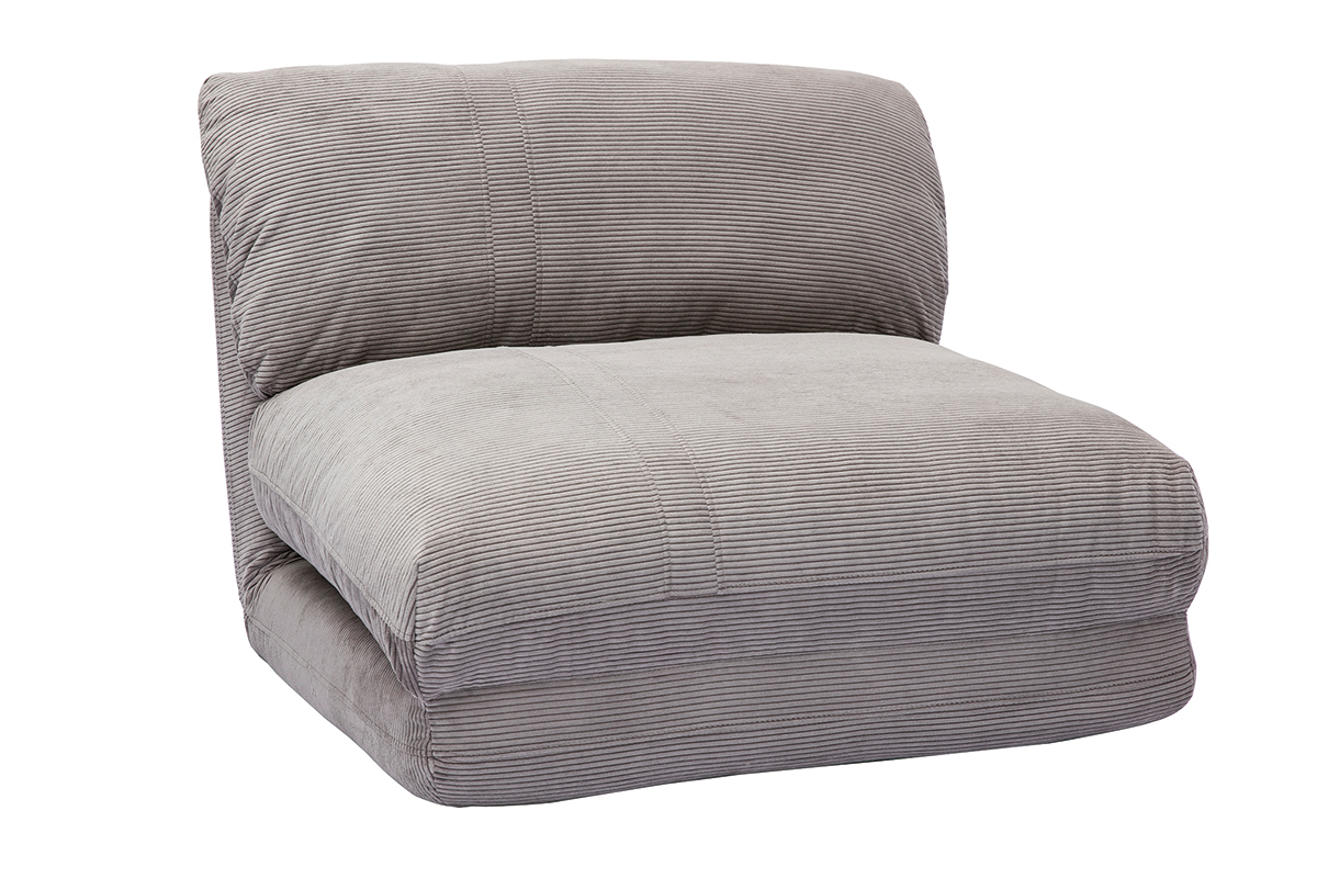 Chauffeuse 1 place convertible en tissu velours c�tel� gris clair SPENCER