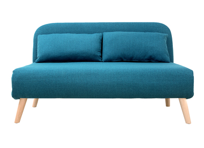 Chauffeuse 2 places convertible en tissu bleu canard et bois clair AMIKO