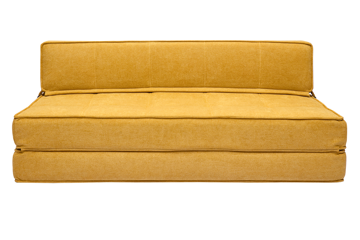 Chauffeuse 2 places convertible jaune moutarde, vue de face, sans pi�tement.
