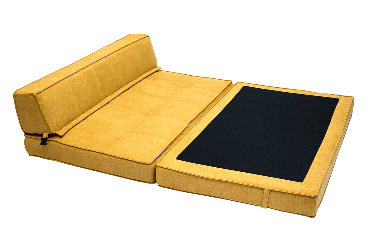 Chauffeuse 2 places convertible en tissu effet velours jaune moutarde, vue de haut
