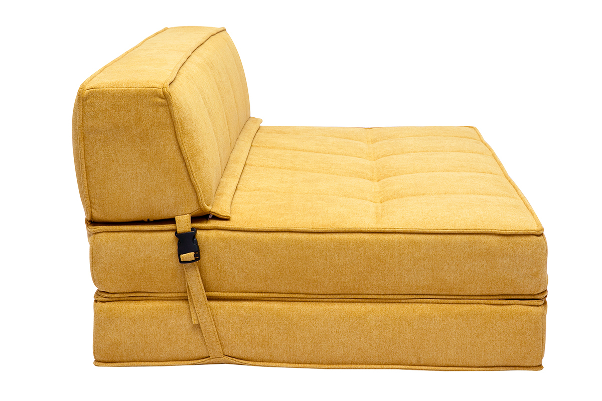 Chauffeuse 2 places convertible en tissu effet velours jaune moutarde, vue de profil.