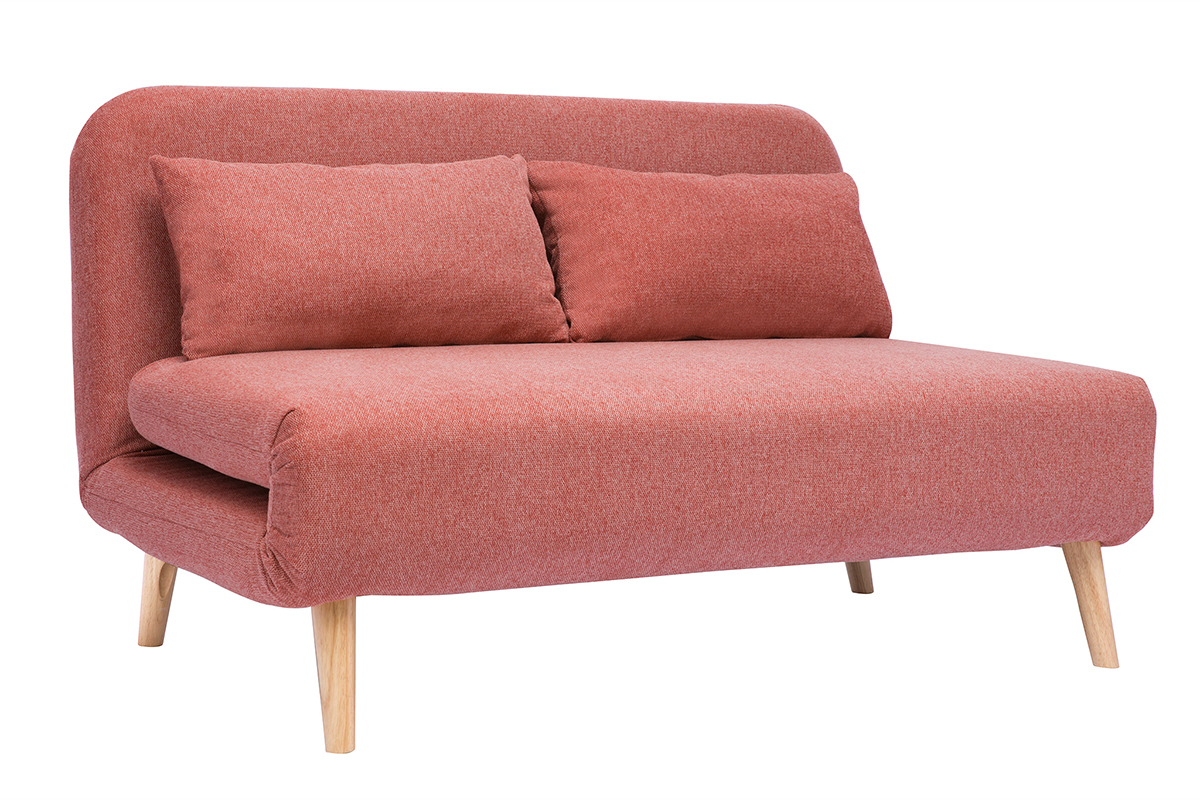 Chauffeuse 2 places convertible en tissu effet velours textur� terracotta et bois clair AMIKO