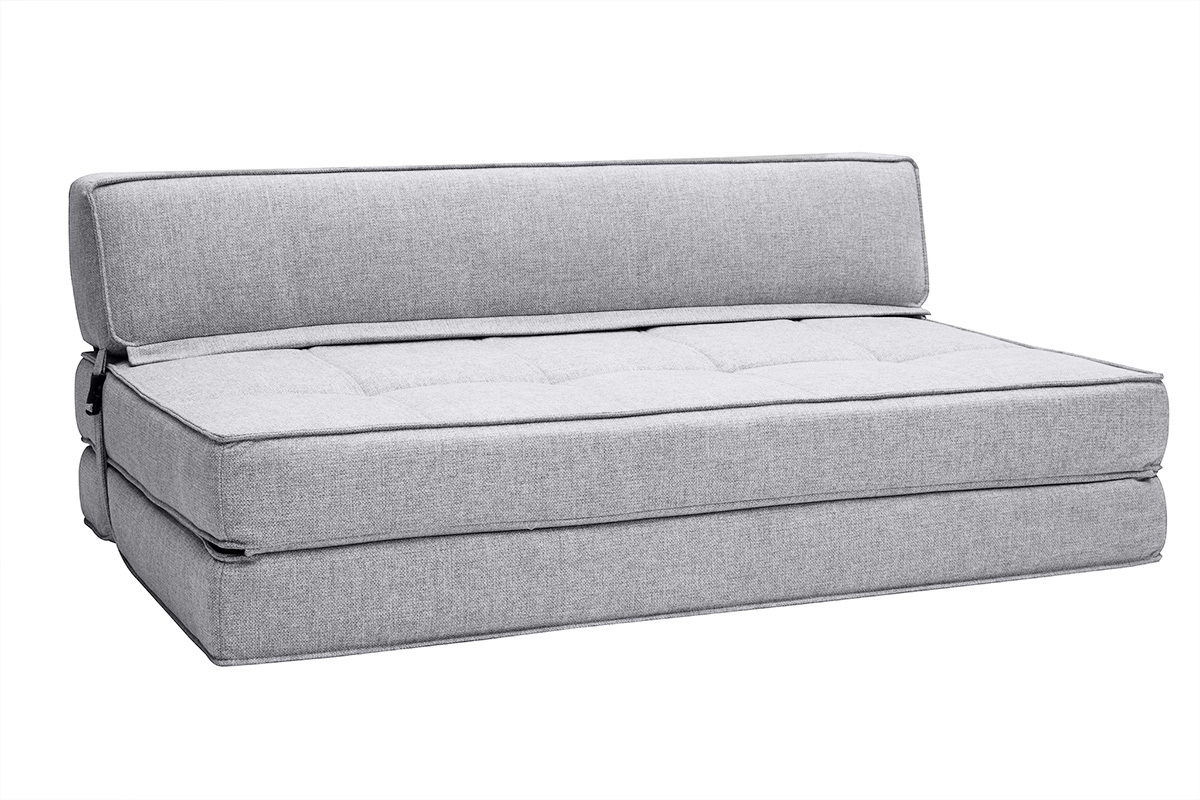 Chauffeuse 2 places convertible en tissu gris clair, vue de 3/4.