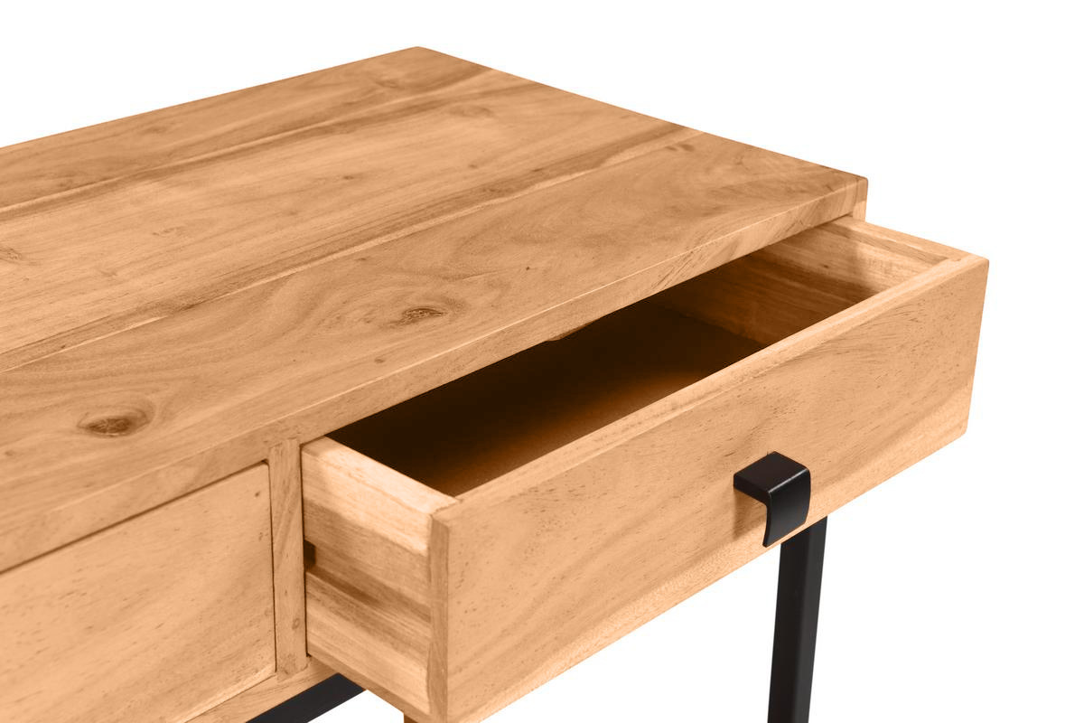 Console avec rangements 2 tiroirs en bois massif et m�tal noir L80 cm AXELLE