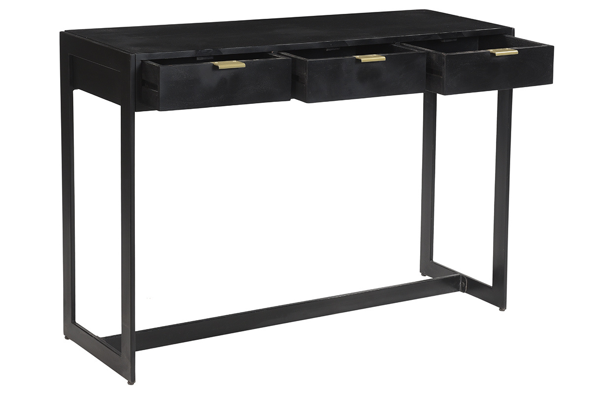 Console noire avec 3 tiroirs ouverts, pieds en m�tal, vue de 3/4.