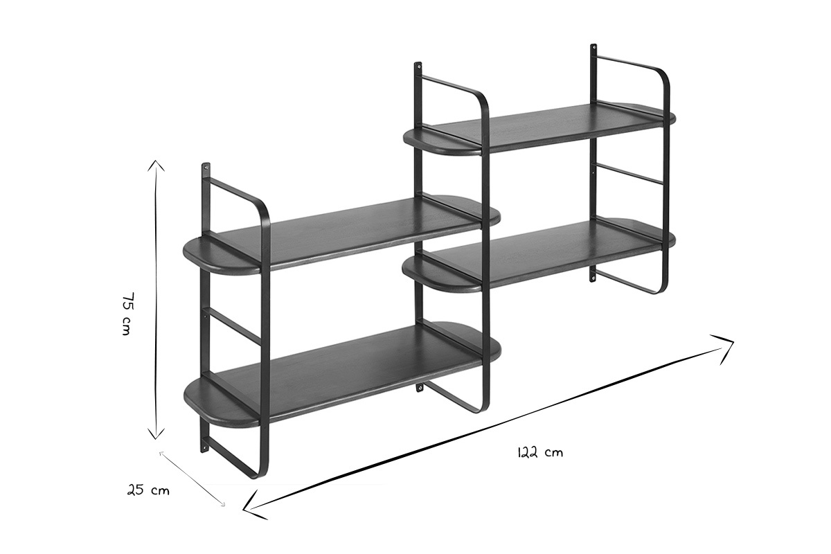 Dimensions de l'�tag�re murale AKINA en noir et blanc : L122 cm, P25 cm, H75 cm.