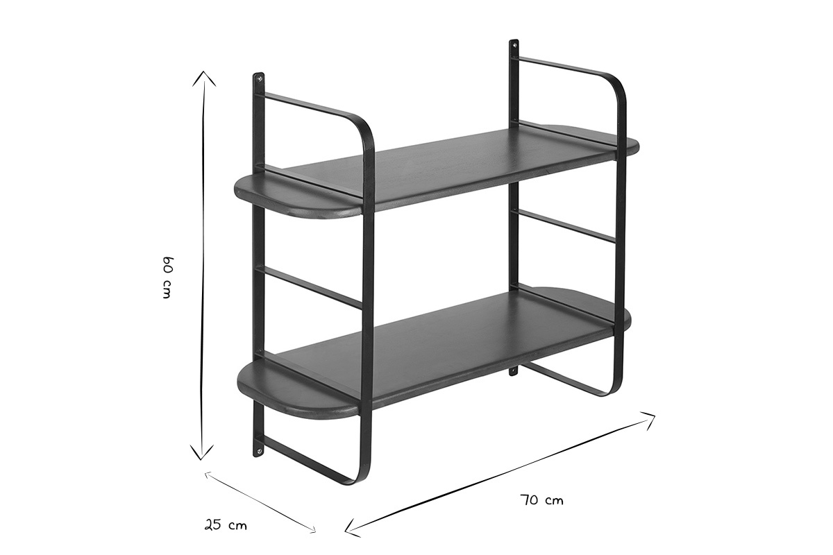 Dimensions de l'�tag�re murale AKINA en noir et blanc, L70 x P25 x H60 cm.