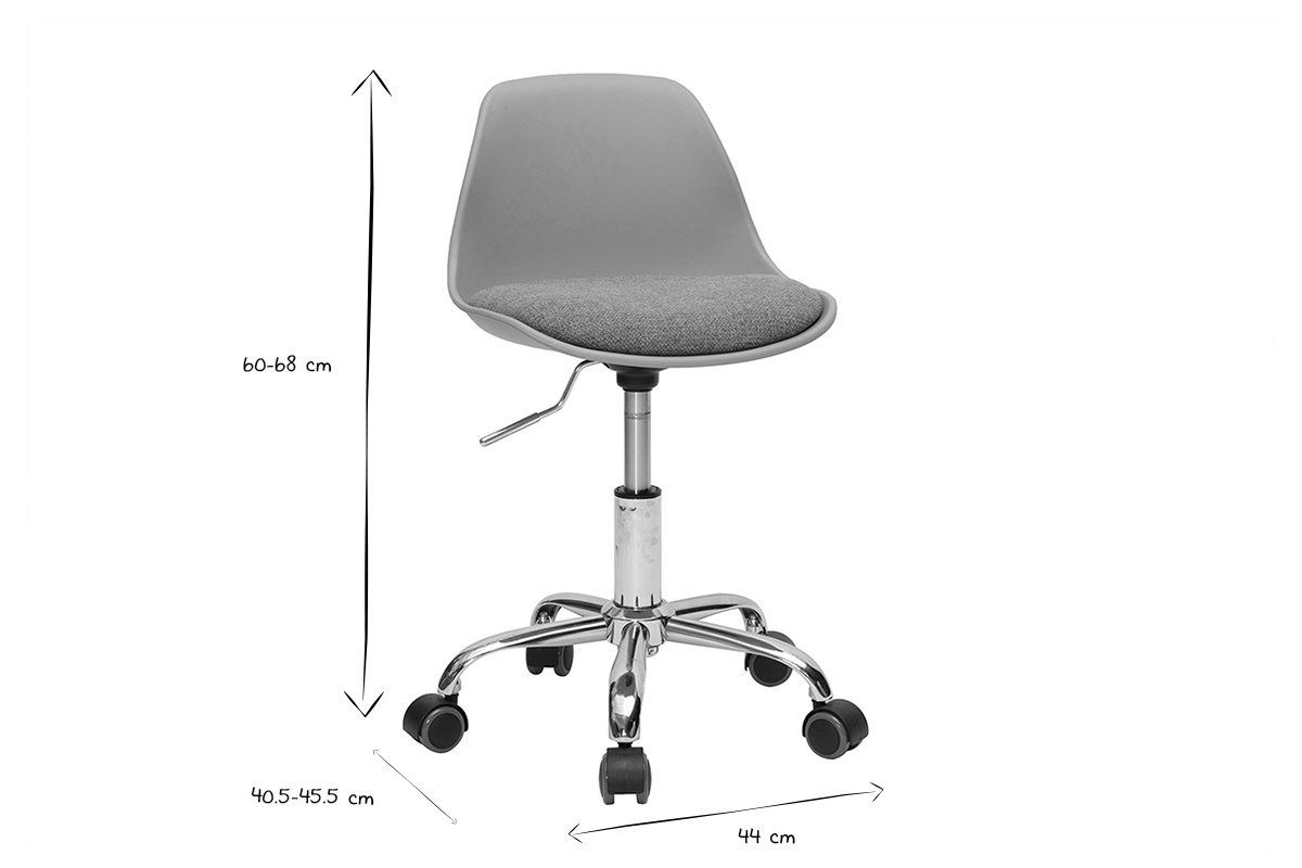 Fauteuil de bureau enfant � roulettes vert de gris avec dimensions visibles, mod�le STEEVY