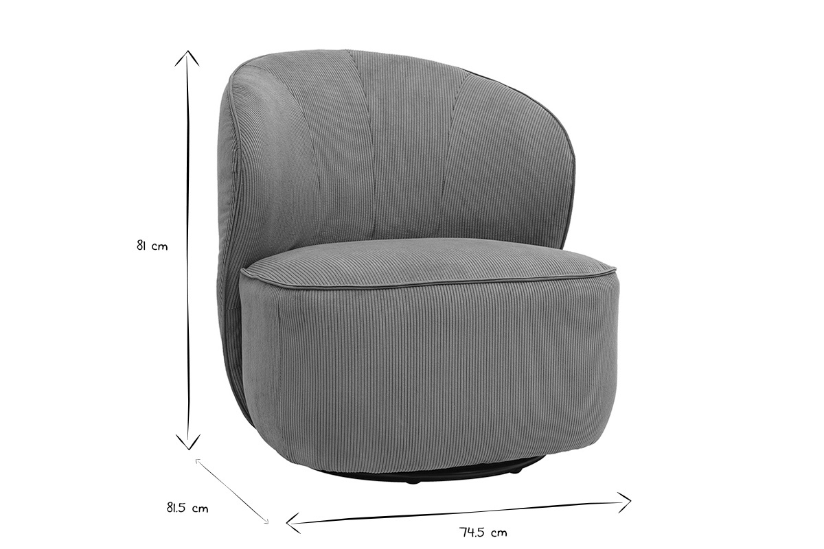 Dimensions du fauteuil AMBER : hauteur 81 cm, largeur 74.5 cm, profondeur 81.5 cm en noir et blanc.