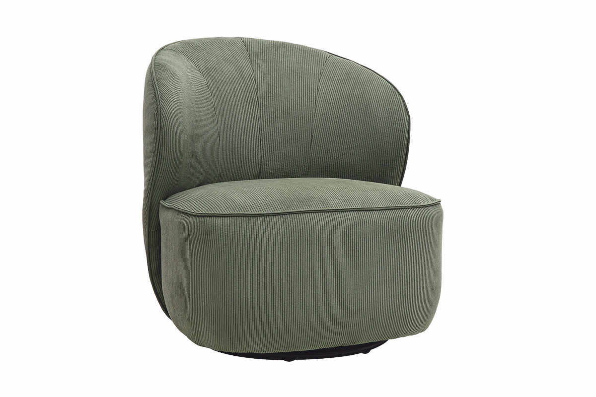 Fauteuil design pivotant en tissu velours c�tel� vert kaki AMBER, vue de 3/4