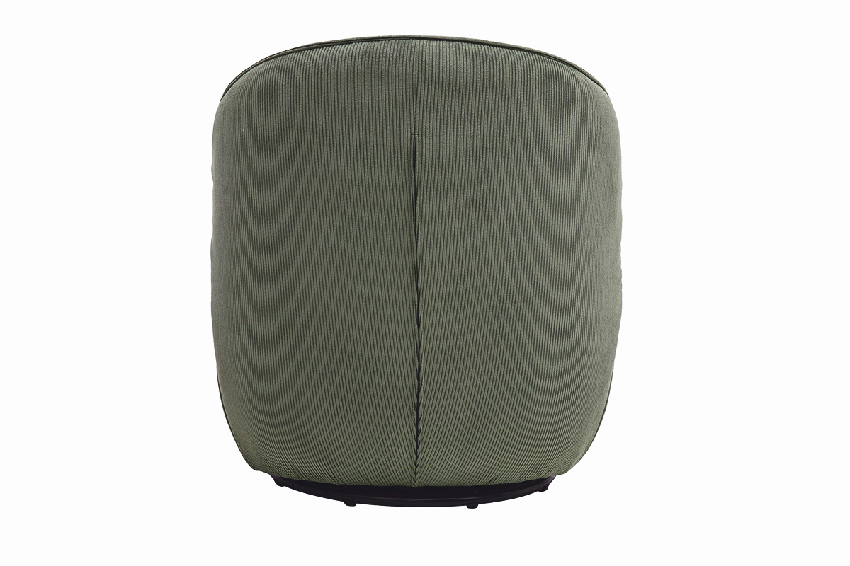 Fauteuil design pivotant en tissu velours c�tel� vert kaki vue de dos.