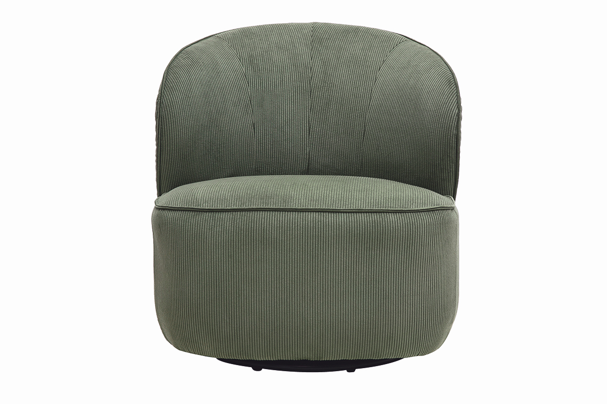 Fauteuil design pivotant en tissu velours c�tel� vert kaki, vue de face