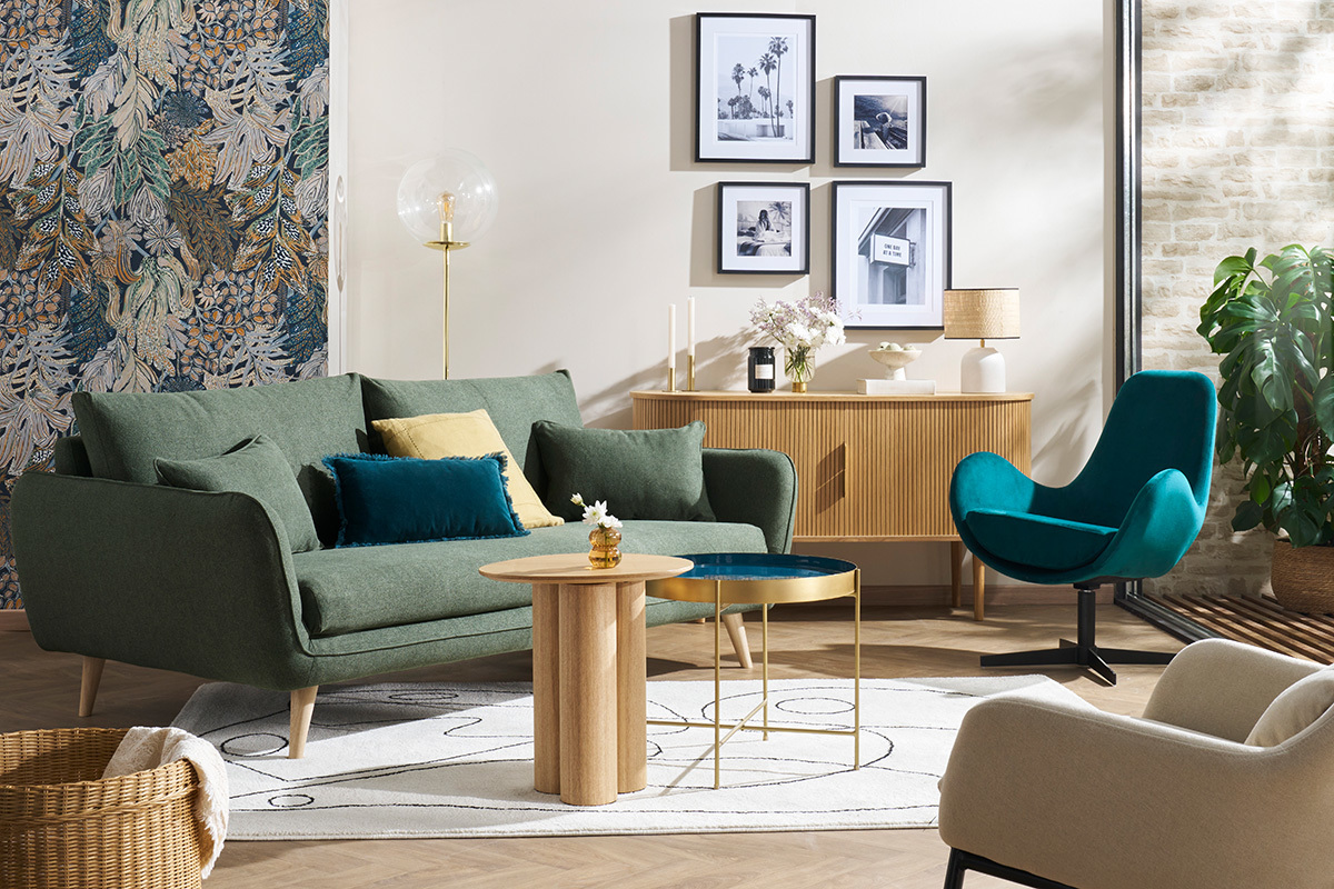 Fauteuil pivotant design en tissu velours bleu canard et m�tal noir ANDY