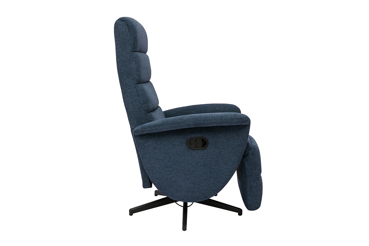 Fauteuil pivotant relax bleu fonc� en tissu, vue de profil.