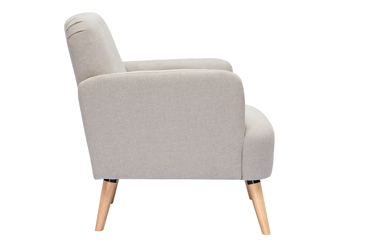 Fauteuil scandinave en tissu beige, vue de c�t�, pieds en bois clair.