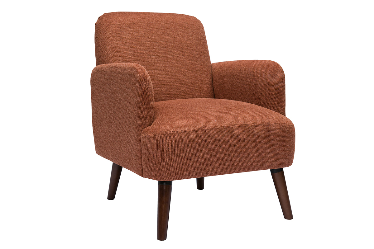 Fauteuil scandinave en tissu effet velours textur� terre br�l�e et bois fonc� ISKO