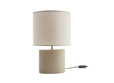 Lampe &agrave; poser en c&eacute;ramique taupe mat et abat-jour en lin naturel TIGA