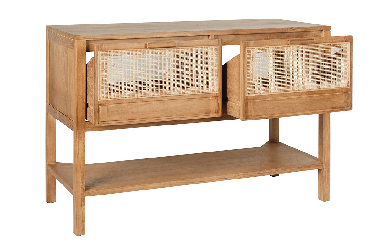 Meuble de salle de bain en bois teck massif et cannage rotin, vue de 3/4, avec tiroirs ouverts.