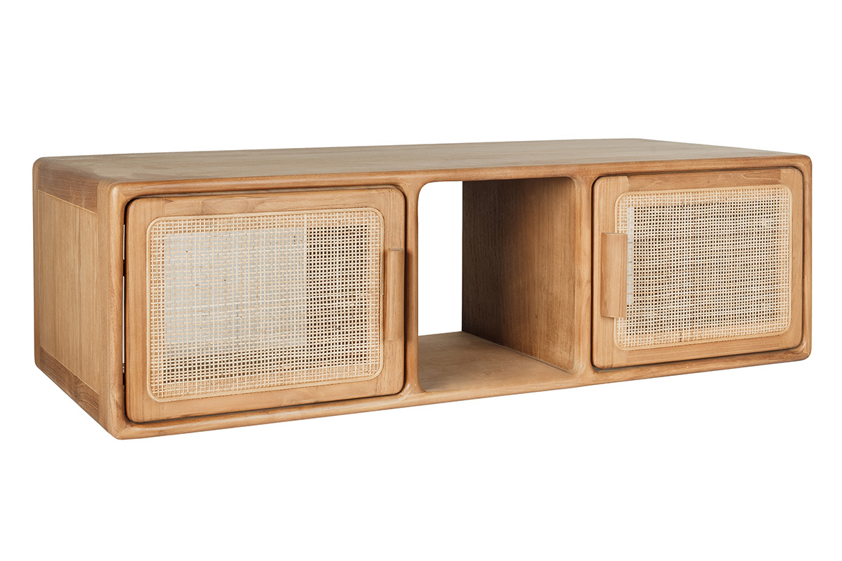Meuble de salle de bain suspendu en bois teck avec deux placards et une niche centrale, vue de 3/4.