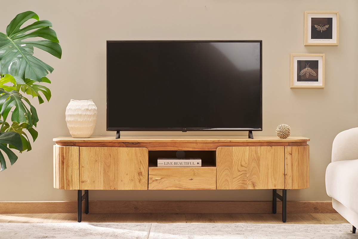 Meuble TV avec rangements en bois massif et m�tal noir L160 cm NAPOLI