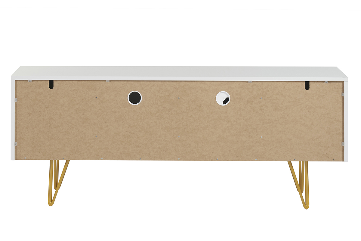 Meuble TV design grav� blanc et m�tal dor� L140 cm OZEN