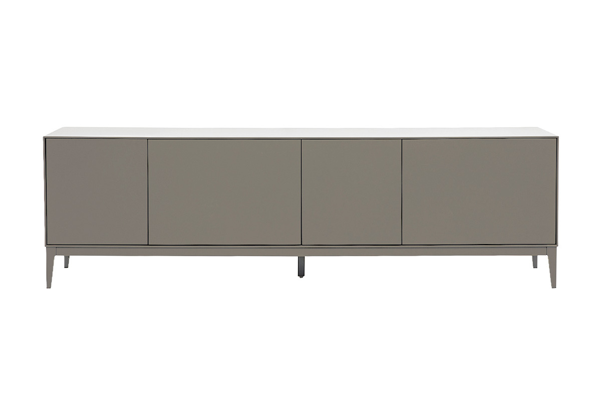 Meuble TV design gris laqu� mat avec rangements, vue de face, dimensions L180 cm.