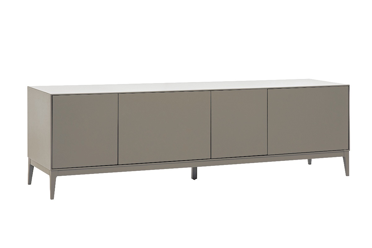 Meuble TV design gris laqu� mat avec rangements, vue de 3/4.