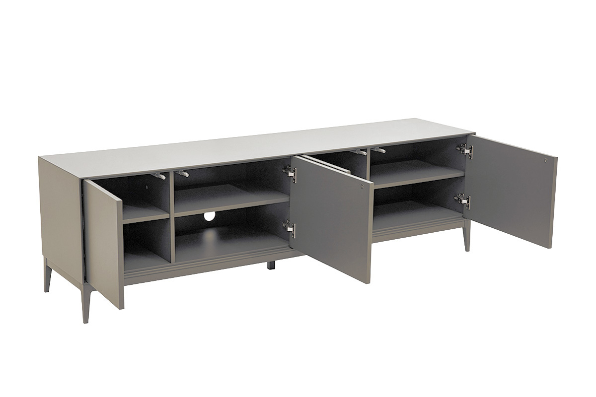 Meuble TV design gris laqu� mat avec quatre compartiments, vue de 3/4.
