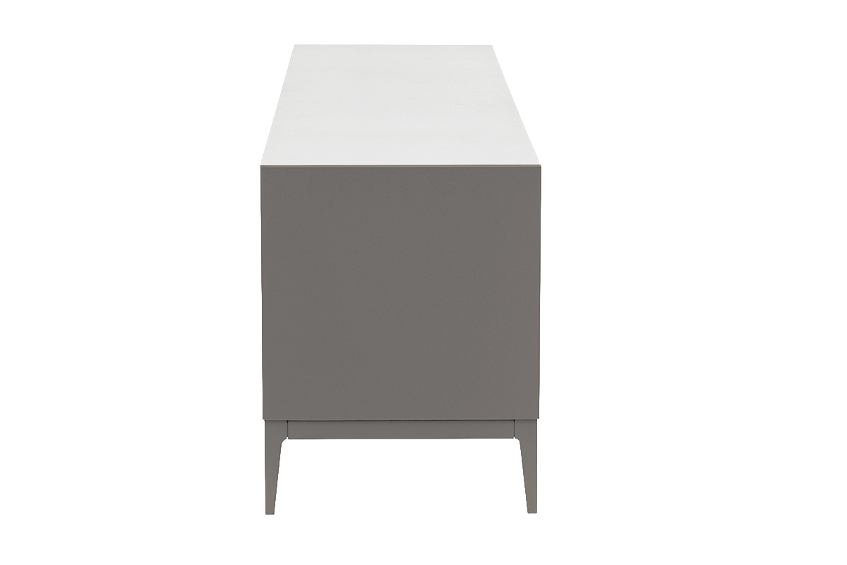 Meuble TV design gris laqu� mat, vue de profil, avec pieds en bois massif.