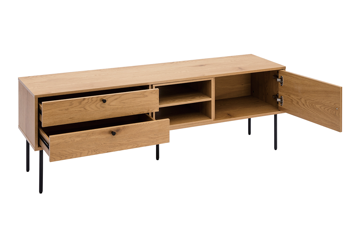 Meuble TV bois ch�ne et m�tal noir, tiroirs ouverts, porte ouverte, deux niches visibles.