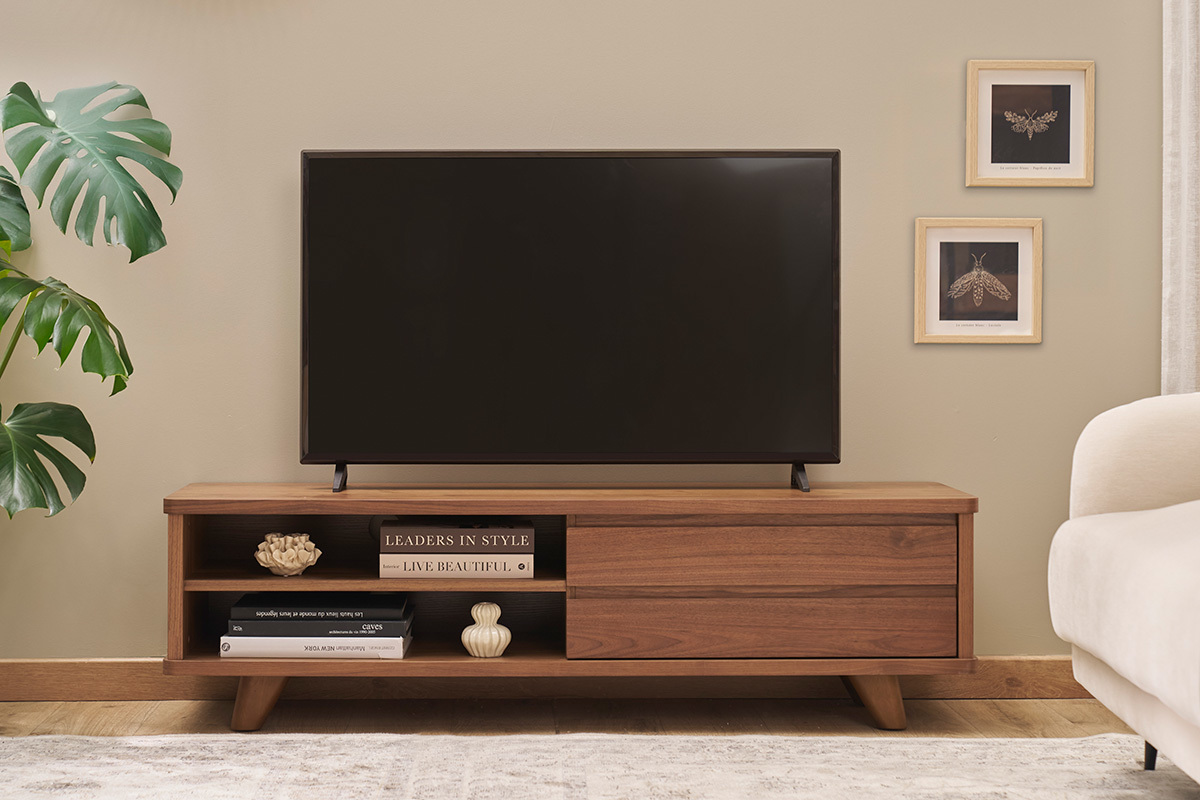 Meuble TV vintage bois fonc� avec tiroirs L140 cm FIFTIES