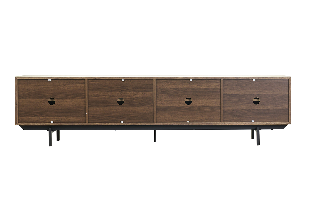 Meuble TV vintage en bois fonc� noyer et m�tal noir, vue de dos, avec quatre portes.
