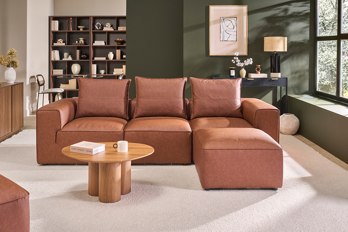 Pouf repose pieds en cuir marron FERGUS